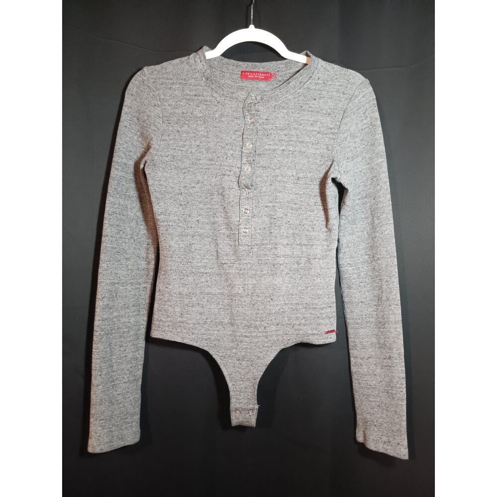 n:philanthropy Women's Large Gray Long Sleeve Henley Bodysuit Snap Buttons Layer